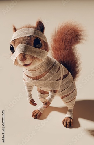 Cute Squirrel Character Wrapped in Bandages with Playful Expression in a Studio Setting