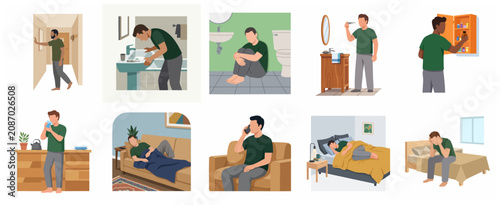 Cuadro en lienzo Set of flat illustrations showing a man suffering from illness, fever, and flu symptoms while staying at home for recovery