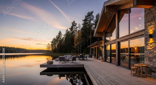 Modern luxury architectural home on lakefront at sunset with large glass windows and wooden deck.