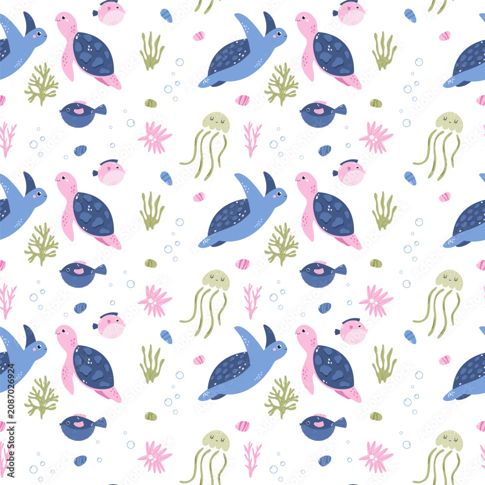 Obraz premium Cute cartoon turtle seamless background with jellyfish and pufferfish.