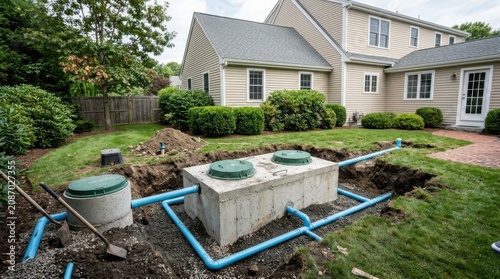 Installation of a new residential septic system in a backyard