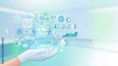 Gloved hand holding holographic medical data, DNA, heart rate, brain scan icons floating in digital space