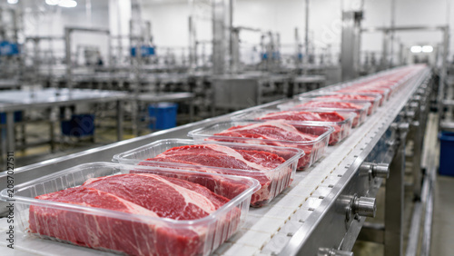 Automated fresh beef packaging line at a modern meat processing facility. Packaged beef cuts moving on a conveyor belt during industrial food production.