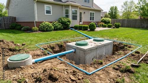 Residential septic tank system installation in a backyard