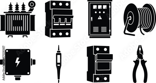 Vector silhouettes of electrical equipment and tools including transformer, circuit breaker, control panel, cable reel, junction box, tester, and pliers