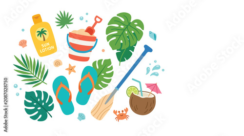 Tableau sur toile A vibrant flat vector illustration of summer beach essentials like sun lotion, flip flops, and tropical leaves on a clean white background