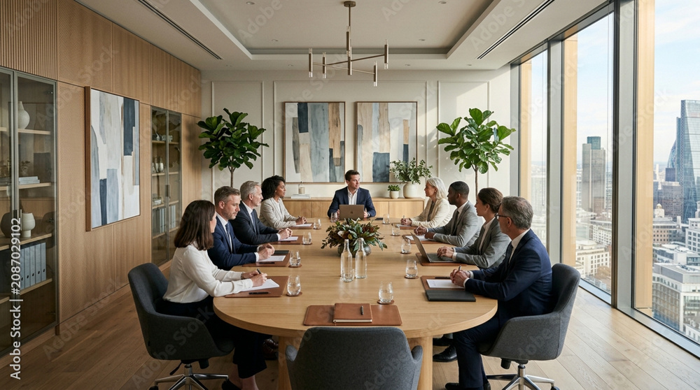 Obraz premium Boardroom Meeting: Diverse Team Discussing Strategy by Panoramic City View