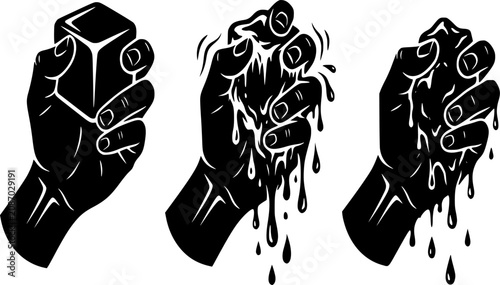 Ice Cube Melting Hand Silhouette - Black Vector Icon for Heat Transfer and Thermodynamic Process