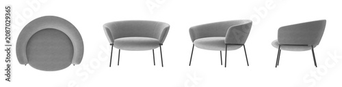 Foto Modern grey armchair with slender black legs, shown from multiple angles