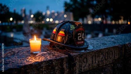 Firefighter helmet and candle at a September 11 memorial