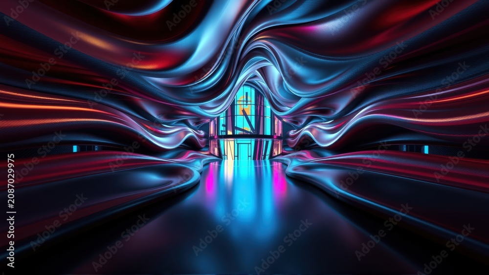 Fototapeta premium Abstract tunnel glows. Vibrant blues, reds create flowing lines. Dramatic lighting emphasizes depth, symmetry. Futuristic design evokes energy, motion.