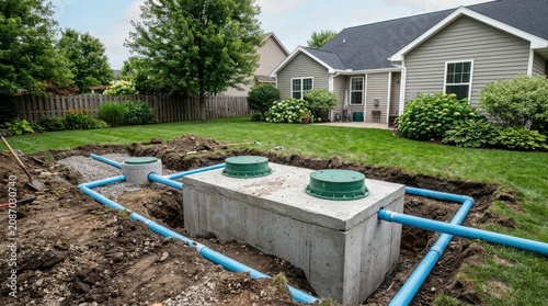 Installation of a new concrete septic tank system in a residential backyard
