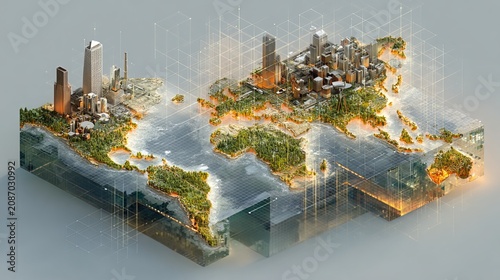 Futuristic cinematic scene depicting digital connections and global communication in a red-toned space environment