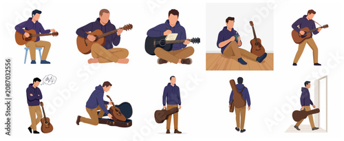 Fotografie Man playing acoustic guitar and practicing music flat color vector character set