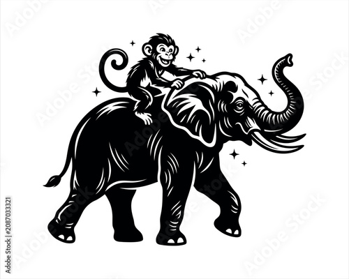 Photography Monkey Riding Elephant Logo Vector Silhouette iIlustration Design, monkey riding