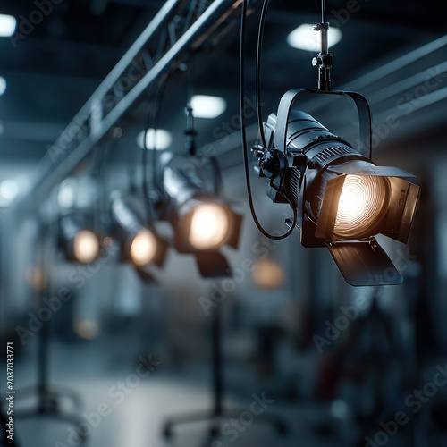 Professional stage studio lighting equipment with spotlights mounted on a curved metal track in a dark theater setting