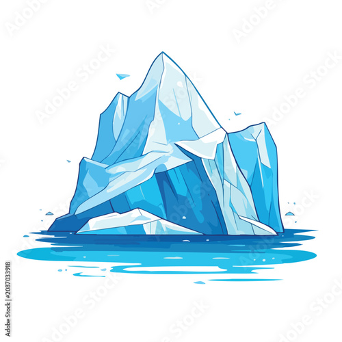 A stylized vector illustration of a large blue iceberg floating in ocean water.