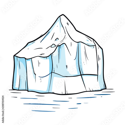 Hand drawn illustration of a large floating iceberg in the ocean.