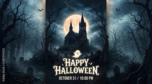 Spooky halloween poster with haunted church and full moon