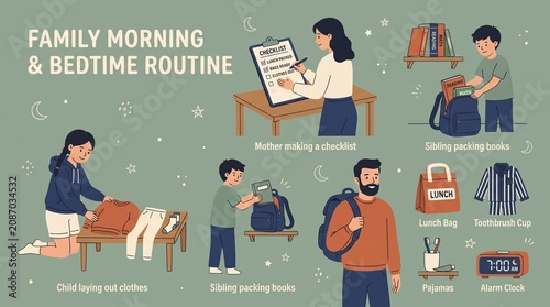 Family Morning and Bedtime Routine Illustrated Checklist and Activities