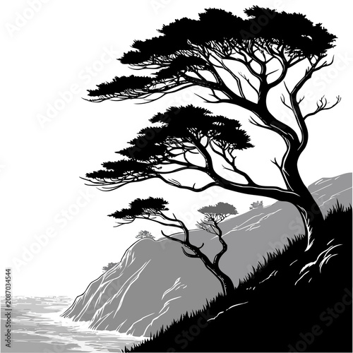 Obraz na plátně Coastal pine tree landscape illustration on rocky cliff side with landscape silh