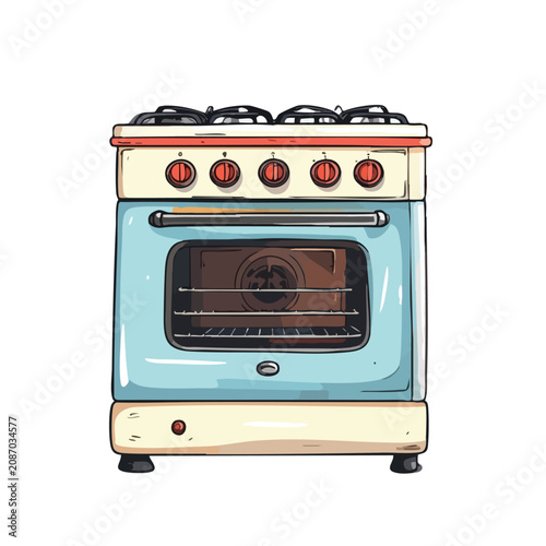 Vintage Style Retro Pastel Blue Kitchen Oven Illustration.