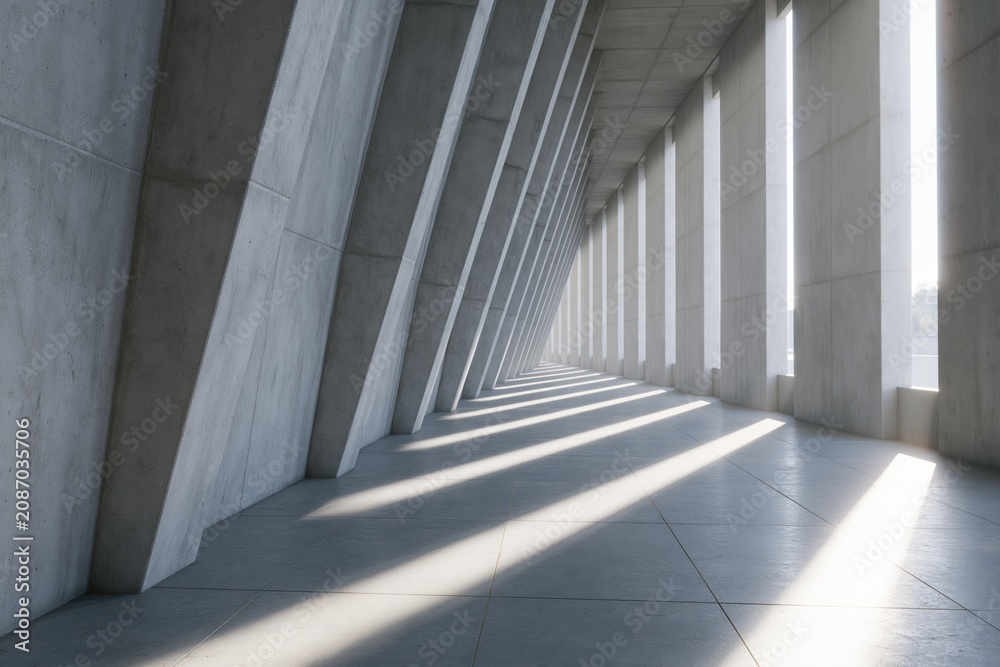 Obraz premium The Concrete Corridor Bathed in Diagonal Light and Shadow Lines