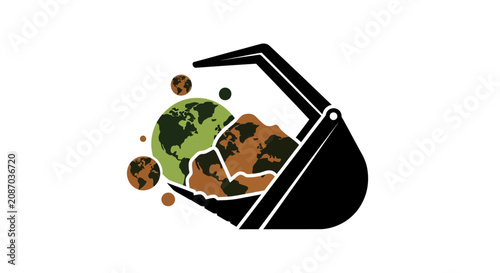 Industrial excavator bucket destroying planet earth concept illustration.