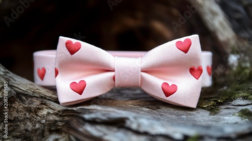 Light pink bow tie with a playful red heart pattern. Perfect for adding a touch of love and whimsy to any outfit or special occasion.