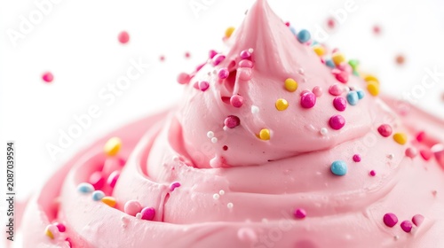 Pink cream with colorful sprinkles dripping down from top , isolated on white background
