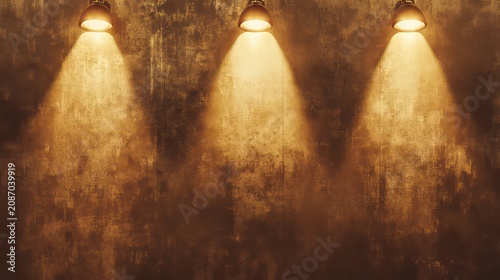 Five spotlights shine on a golden stage, creating a dramatic and glamorous atmosphere. Perfect for awards ceremonies, concerts, theater productions, or any project needing a touch of grandeur.