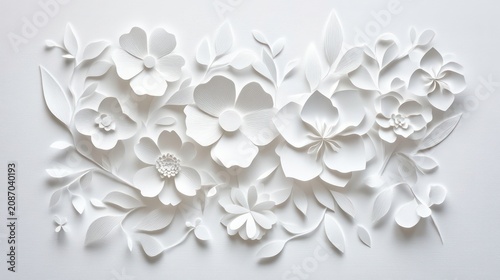 Invitation mockup, blank white paper with paper cut blossom and flowers. Woman's day, 8 march, Easter, Mother's day, anniversary greeting cardflowers and
