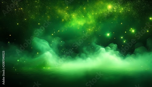 Fantastic Green Smoke Background Magic Green Smoke With Glitter And Small Particles Of Twinkling Stars Fog With Luminous Particles Green Vapor With Stardust Morning Fog Over Land Or Water Surface