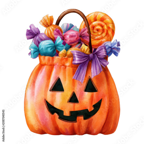 Halloween candy bag with treats, isolated on transparent background
