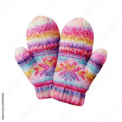 Colorful knitted winter mittens, isolated on transparent background