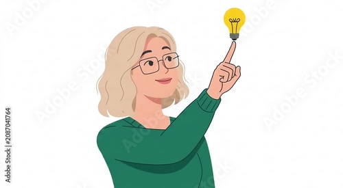 Creative woman with a bright idea symbolized by a lightbulb on her fingertip.