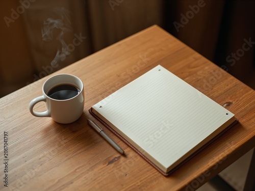 Coffee Mug Notebook Pen on Wooden Table Warm Cozy Morning Scene