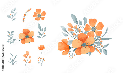 Colorful Vector Flower and Leaf Set with Floral Botanical Elements for Spring Garden Decoration Bouquet Design and Nature Illustration Collection