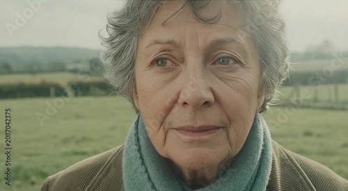 Thoughtful elderly woman with gentle expression in a serene natural landscape