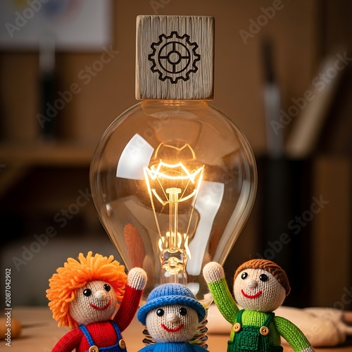 Whimsical Lightbulb Character with Handmade Dolls.