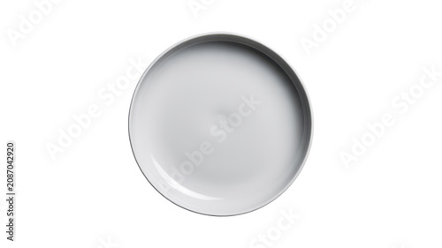A view of a round ceramic dinner plate with a smooth light grey surface, isolated on a white background, for food presentation