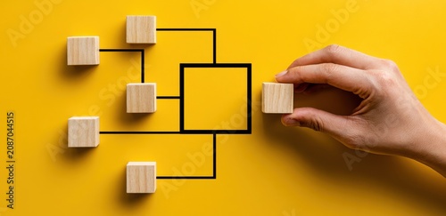 Business organization and management concept with wooden blocks and hand on yellow background