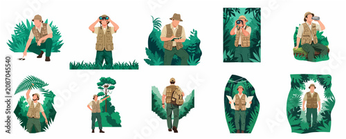 Εκτύπωση καμβά Wildlife Explorer and Forest Ranger Character Set Illustration in Jungle Environ