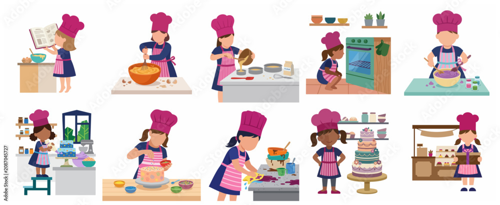 Fototapeta premium Cute little girl chef character set baking and decorating cakes in the kitchen vector illustration