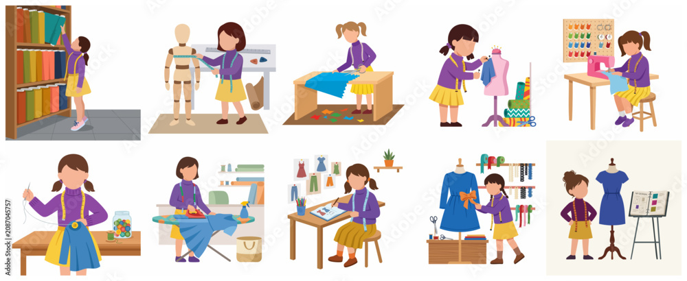 Fototapeta premium Set of illustrations of a little girl fashion designer, child tailor sewing, sketching, and measuring clothes in a workshop