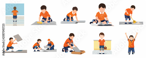 Foto Little boy helping with floor tiling and home renovation process illustration se