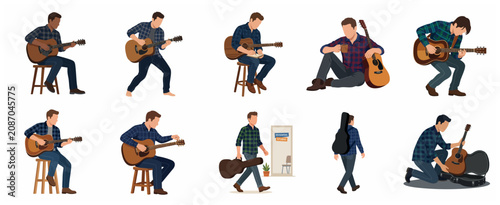 Canvastavla Set of flat vector illustrations of male musicians playing acoustic guitar, songwriting, tuning, and carrying instruments in various poses isolated on white