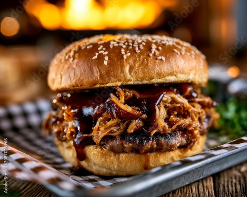 Delicious Pulled Pork Burger with Fiery Background