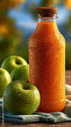 Refreshing Apple Juice Bottle and Fresh Green Apples