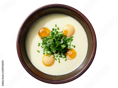Creamy White Vegetable Soup with Fresh Green Herbs and Golden Oil Droplets in a Bowl